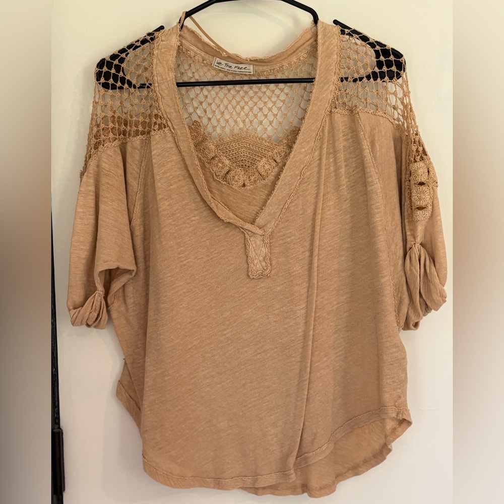 Free people XS tan shirt with crochet details